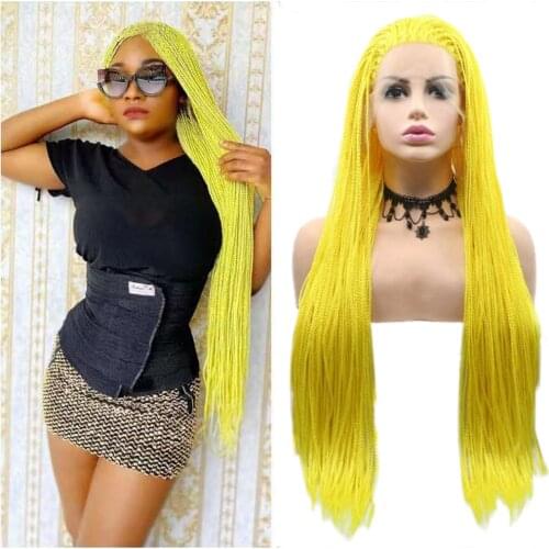 Micro Braided Lace Front Wigs for Women Fluorescent Yellow Braid Wig Long Synthetic Hair Wig Frontal Lace Glueless Heat Fiber 28