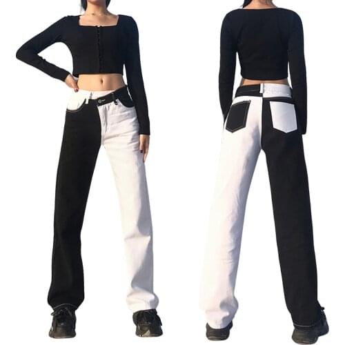 2021 New Women Straight Denim Pants, Casual Mid Waist Color Block Wide Leg Jeans with Pockets Fashion All-match