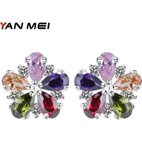 YAN MEI Hot Sale New Style Flower Shape Colorful Cubic Zirconia Silver Plated Stud Earrings for Woman Accessories YME0141