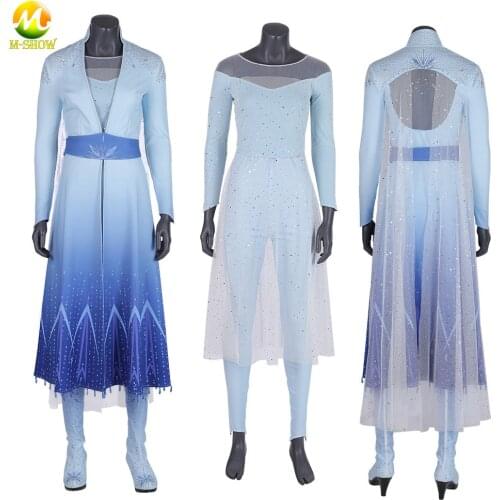 Adult Women Princess Elsa Cosplay Costume Snow Queen Blue Dresses with Pants Boots Halloween Outfit Any Size