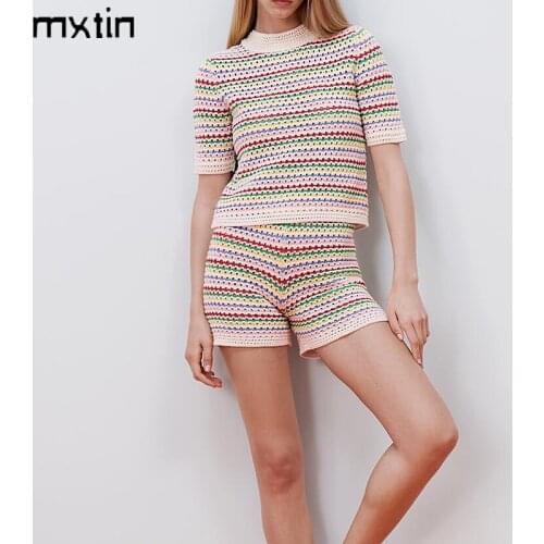 2021 Women Spring Vintage Rainbow Stripe Cropped Pullover Sweater Fashion Knitted Short Sleeve Korean Outerwear Chic tops