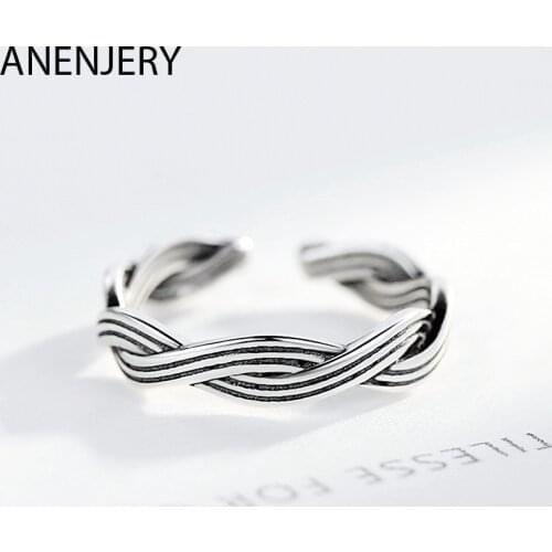 ANENJERY 925 Sterling Silver Fashion Vintage Weave Twisted Thai Silver Ring Wave Adjustable Size Ring For Women Men S-R547
