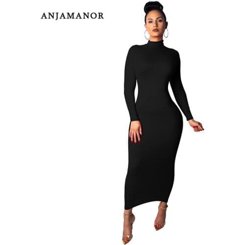 ANJAMANOR High Neck Long Sleeve Maxi Bodycon Dress Pencil Red Black Sexy Dresses Party Night Club Dress Fall Winter 2019 D53AB38