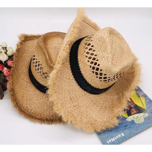 01907-fcm146 summer handmade raffia American west Cowboy Light breathe freely raw brim fedoras cap men women panama jazz hat