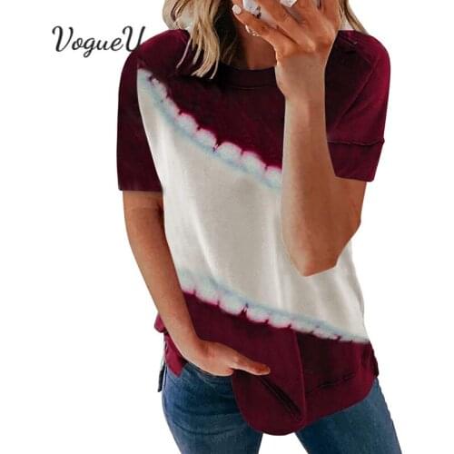 2021 Casual Tee Shirts Womens Clothing Loose Tie-Dye Printed Short Sleeve T-Shirt For Women Patchwork Color Block O-Neck Tops