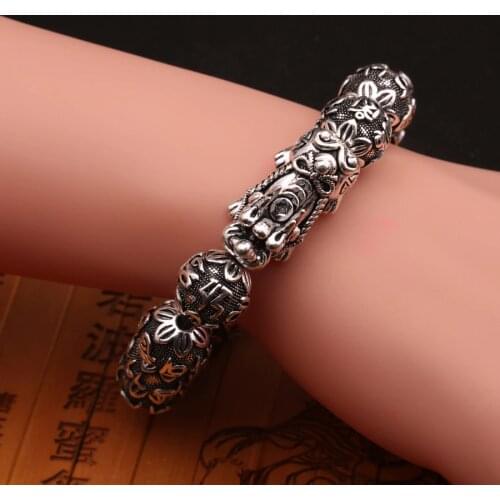 100% 990 Silver Fengshui Pixiu Beads Bracelet Good Luck Wealth Piyao Beaded Bracelet Lucky Beast Bracelet