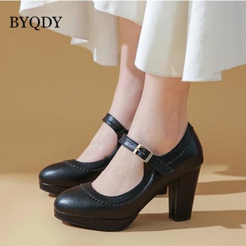 BYQDY Spring Autumn Women Pumps Platform Mary Janes Shoes Buckle Ladies Party Hoof Heel Female Pumps European Shoes Plus 41-48