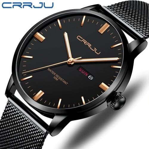 Mens Watch CRRJU Classic Business Thin Watch Waterproof Quartz Wristwatch Casual Date Display Clock Calendar Relogio Masculino