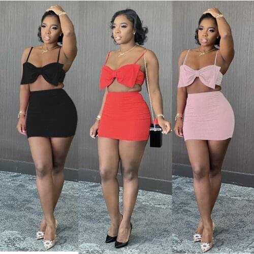 CHRONSTYLE Spring Summer Sexy Women Suit Bow Tube Tops Bodycon Mini Skirts Spaghetti Strap Dress Elegant Party Vestidos 2021 New