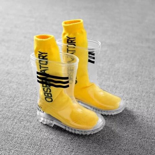 Kids Boys Girls Rainboots Transparent Waterproof Rain Shoes with sock Students Child Baby Toddler Rain Boots Non-slip Size 24-36