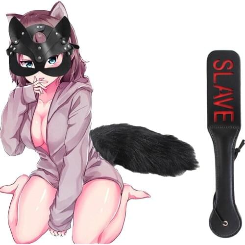 Erotic cosplay 40cm Metal Butt Plug Fox Tail+SLAVE Spank+Mask Leather Cat Eye Ears Mask for Men Women Fetish Bdsm Bondage