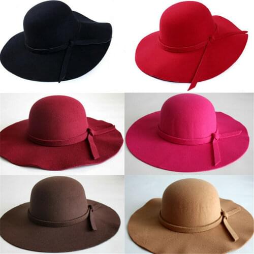 Vintage Lady Women Girl Fashion Wide Brim Floppy Felt Hat Wool Felt Bowler Cap Cloche