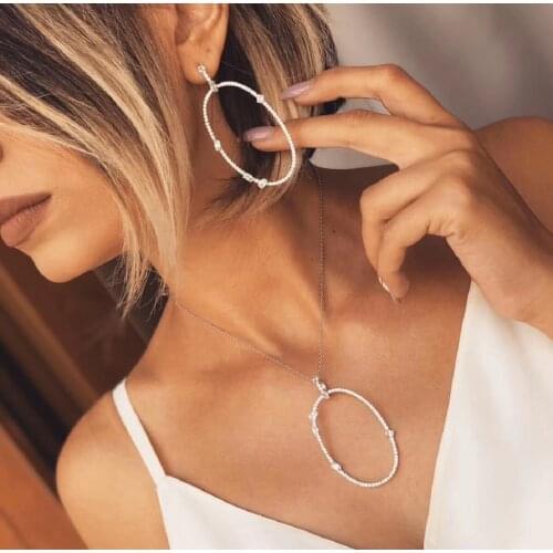 HIBRIDE Big Oval Women Bridal White Cubic Zirconia Jewelry Sets Pendant Necklace Earring Set Party Accessories Bijoux N-1872