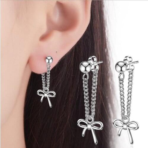 KOFSAC New Fashion Sterling Silver 925 Stud Earrings For Women Cute Bowknot Long Tassel Earring Jewelry Valentines Day Gift 355