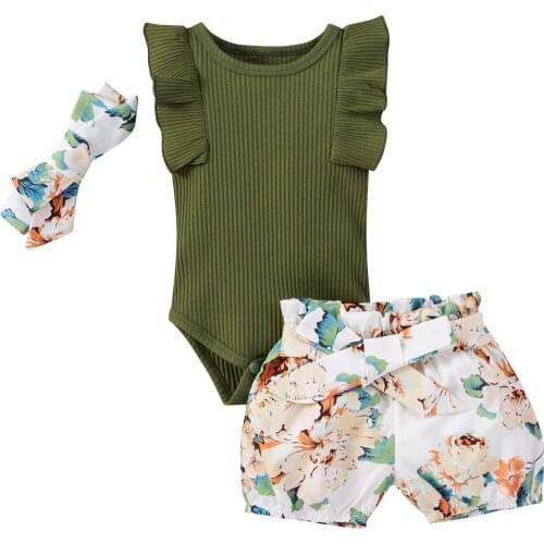 3Pcs Newborn Baby Girls Outfit Flying Sleeve Solid Ruffle Romper Floral Print Shorts Headband Infant Toddler Summer Set 0-18M