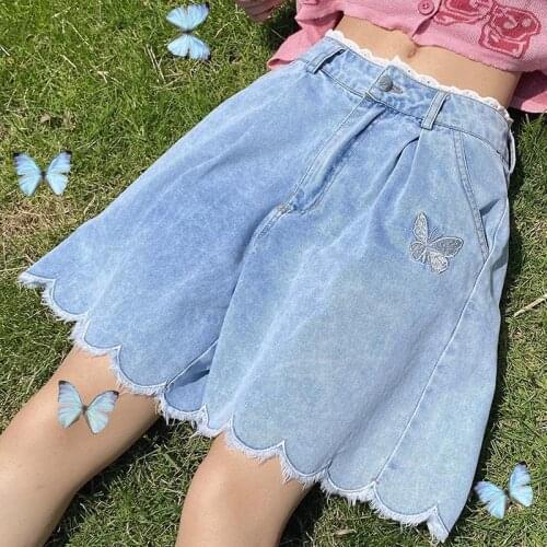 Cute Denim Shorts Women Summer Butterfly Embroidered Casual Loose High Waist Japanese Harajuku Shorts Sweet Girl Outfits