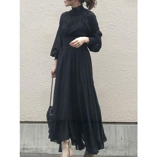 Fashion Women Black Dress Long Sleeve Ruffle A Line High Waisted Female Korean One Piece Sweet Office Lady Spring Maxi Dress