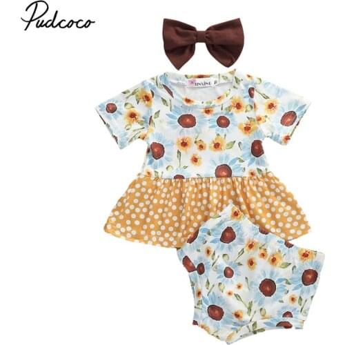Baby Girls Fashion Sunflower Printed Top with Skirt Hem Loose Stretch Waist Shorts Two Piece Set