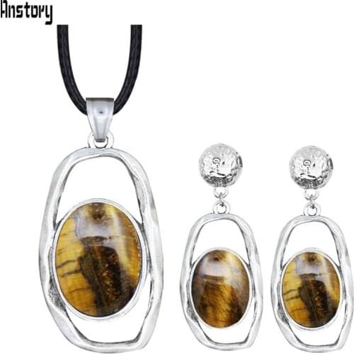 Cabochon Natural Tiger Eyes Jewelry Sets Geometric Pendant Necklace Stud Earrings Vintage Fashion Jewelry NE+EA TS514