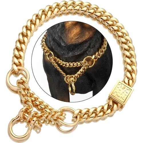 NIKPET Gold Color Dog Martingale Collar Metal Chain Choke with Design Secure Buckle, 18K Cuban Link 15MM Strong Chew Proof