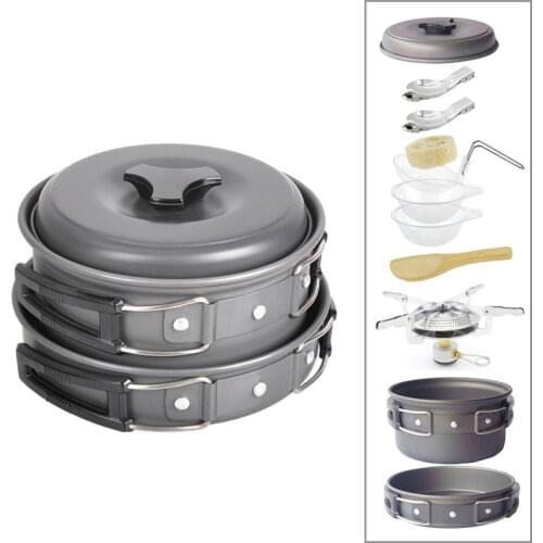 1-2 Person Outdoor Camping Picnic Cookware Pot Utensil Cooking Set Pot Pan Bowl Stove Tableware