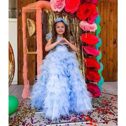 Custom Girls Pageant Gown Sky Blue Layered Tulle Lace Top Flower Girl Dress for Wedding Children Clothes Photoshoot