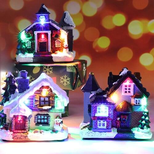 Glowing Christmas Village Resin Ornament Christmas Tree House Building 2021 New Year Figurine Decoration For Children Gift
