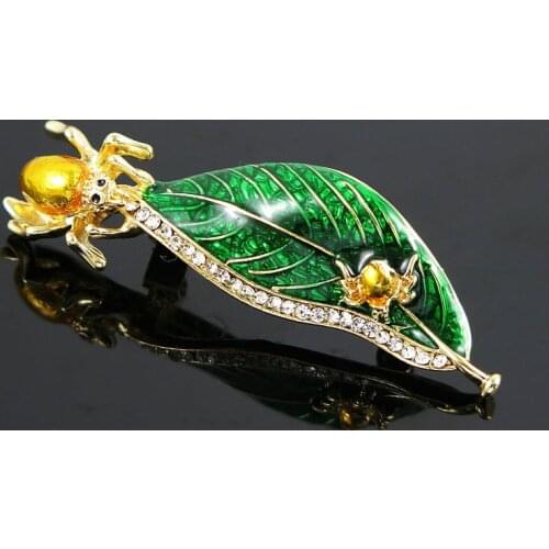 Unique Gold yellow Enamel Spider Leaves Brooch Pins Women Crystals Banquet Party Dress Clips Jewelry