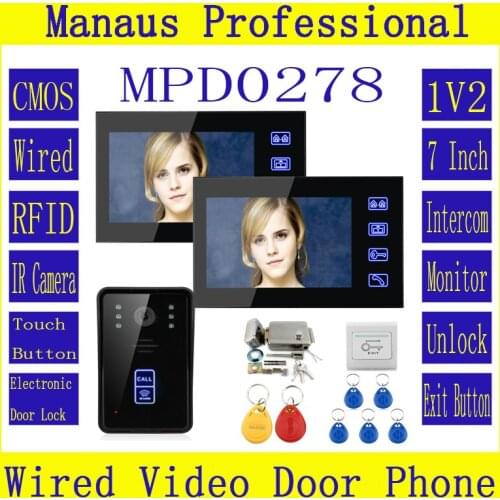 Two 7" Monitor RFID Video Door Phone Intercom Doorbell Touch Button Remote Unlock NightVision + Metal Electronic Door Lock D278a