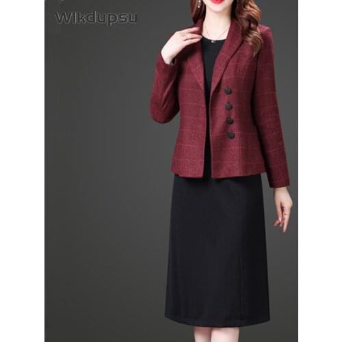 Dress Suits Women Two Piece Set Suit Jacket Blazer Velvet Dress Long Sleeve Black Red Midi Knee Length Autumn Winter Clothes