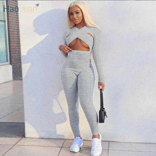 HAOYUAN Sexy Hollow Cross Top Jumpsuit Long Sleeve Fitness Pants Women Rompers Cute Birthday Party Wear One Piece Club Outfits