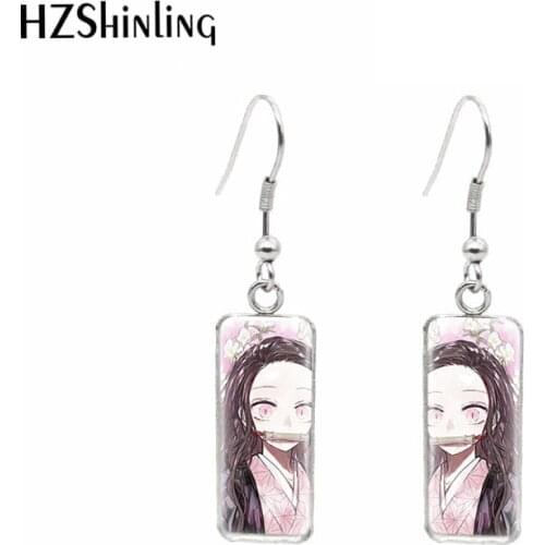 2020 New Arrival Kimetsu no Yaiba Symmetric Rectangle Hook Earrings Stainless Steel Glass Square Earrings for Women Jewelry