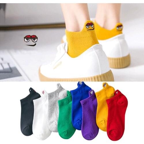 4 Pair Happy Fashion Ankle Funny Socks Candy Color Kawaii Women Socks Girls Female Cotton Embroidered Expression Socks