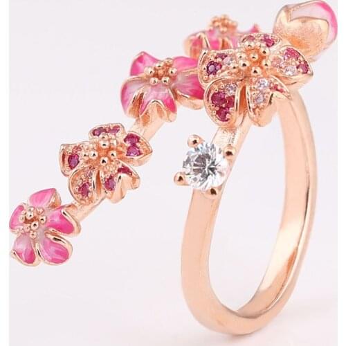 Authentic S925 Rose Enamel Peach Blossom With Crystal Ring For Women Wedding Party Gift fit Lady Fine Jewelry