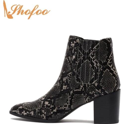 Black Snake Prints Ankle Boots High Chunky Heels Almond Toe Woman Chelsea Booties Large Size 11 14 Ladies Fashion Shoes Shofoo