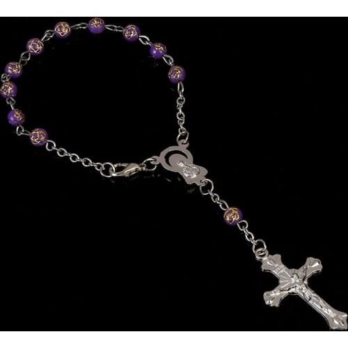 6mm Rose Virgin Mary Bracelet, Maria Center and Jesus Cross Pendant Bracelet. Blessing baptism bracelet