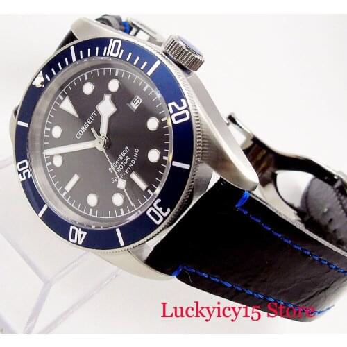 CORGEUT Brand High Quality 41mm Mens Watch Automatic Movement Leather Strap Date Window Ceramic Bezel