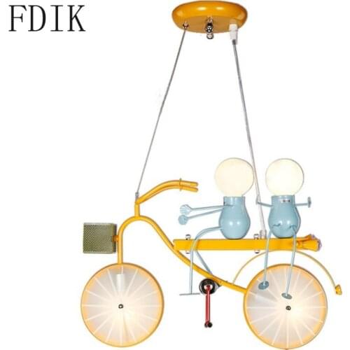 Childrens Cartoon Bicycle Pendant Lights Tandem Boy and Girl Metal Hanging Lamp for Bedroom Hote Loft Led Luminaire Suspension