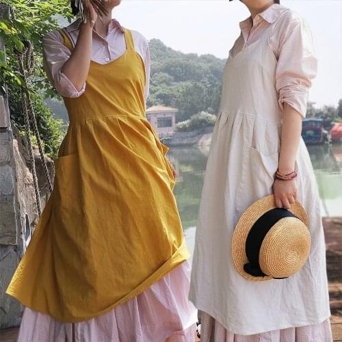 Women Cotton Linen Cross Back Apron Japanese Housework Baking Wrap with Pocket Florist Dress Solid Color Garden Kichen Apron
