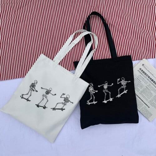 Skeleton on Skateboard Canvas Bag Casual Fashion Large-capacity Shopping Bag Cartoon Fun Harajuku Women Shoulder Bags Female Bag