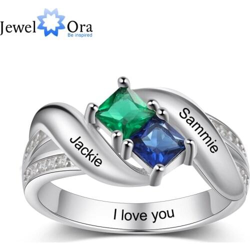 JewelOra 925 Sterling Silver Custom Square Birthstone Name Ring Personalized Engraved Wedding Engagement Rings for Women Gift