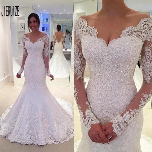 JIERUIZE 2019 Mermaid Wedding Dress Sweetheart Neck Lace Applique Sheer Long Sleeveless Luxury Bridal Gowns Vestido De Novia