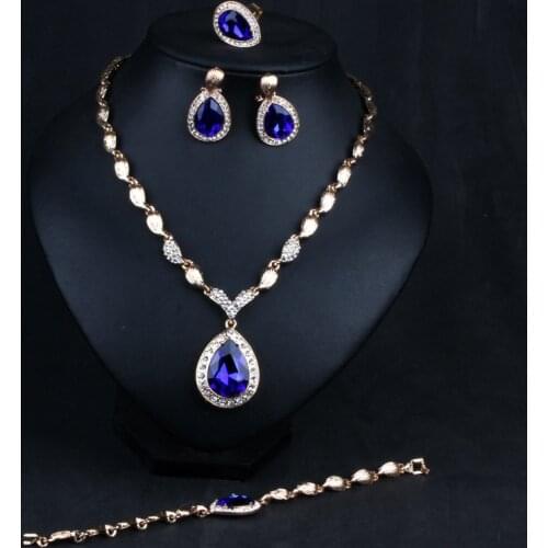 MIQIAO Gold Plated Luxury Crystal Vintage Boho Rings Pendant Necklace Stud Earring Bangle Bracelet Wedding Jewelry Set for Women