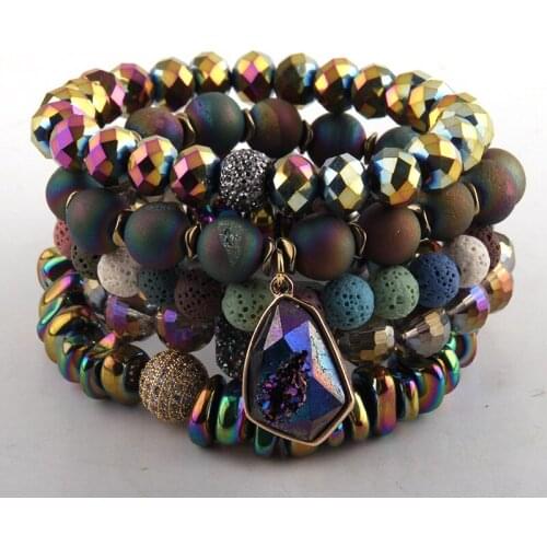 Fashion Jewelry Beautiful Multicolor Druzy Bracelet Set Natural Stone Lava CZ Ball Bracelets