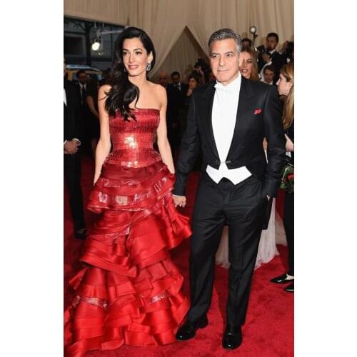 2017 MET GALA GEORGE CLOONEY Black Tailcoat Tuxedos Peak Lapel Men Wedding Tuxedos Dinner Prom Suits (Jacket+Pants+Vest+Tie)