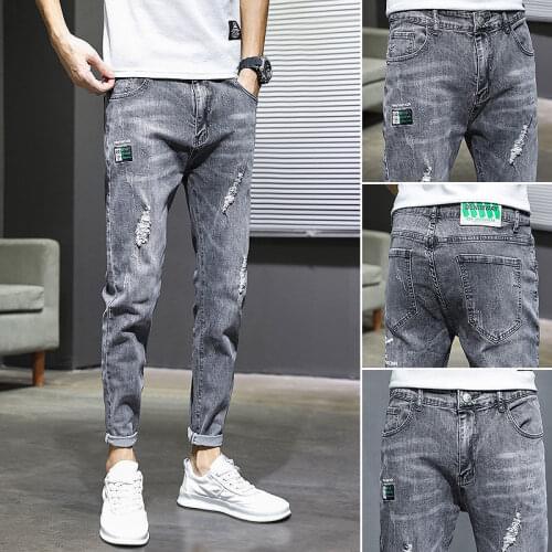 New Mens Ripped Jeans 2021 Summer Thin Casual Slim Fit Korean Style Small Foot Nine Leggings British Fashion Elastic Pants