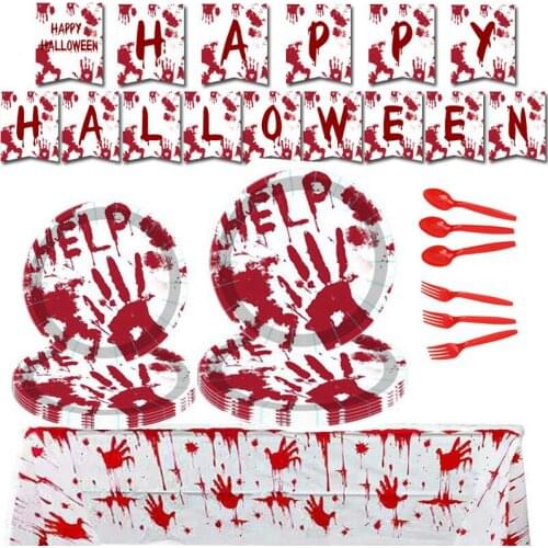 Halloween Party Adult Children Horror Theme Blood Handprint Pattern Paper Cup Plate Flag Tablecloth Disposable Tableware Set