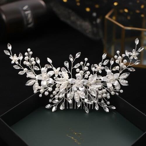 Silver Color Flower Pearl Rhinestone Hair Comb Headband Wedding Hair Accessories For Women Bride Tiara Comb Hair Jewelry