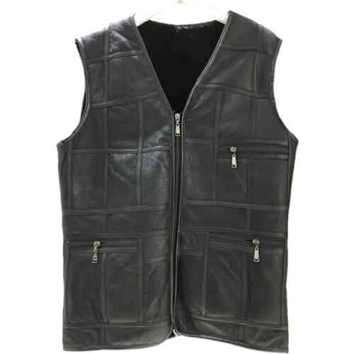 Autumn winter 2021 mens coat warm sleeveless jacket casual mens vest coat black double faced fur leather vest