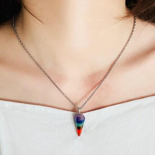 Fashion Tapered Mix Color Natural Stone Necklace With Stainless Steel Chain Semi Precious Pendant Necklaces For Women Boho Gifts